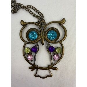 Antique-Inspired Bronze Owl Pendant Necklace Multi Color Rhinestone Boho